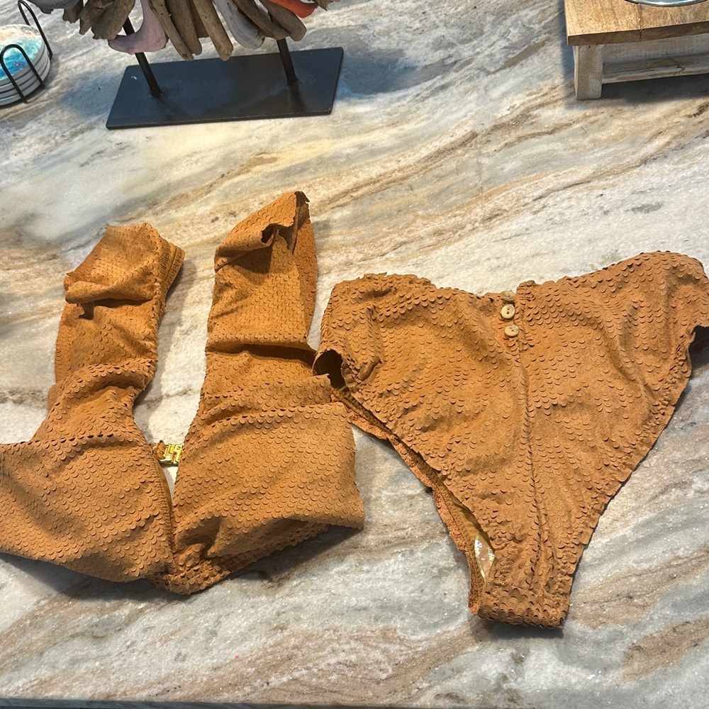 Textured Tan Bikini Bottoms with Button Detail